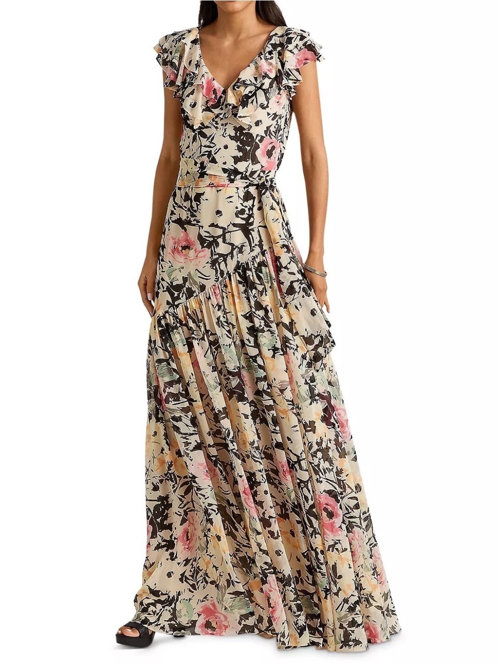 Ralph Lauren Floral Chiffon Gown Maxi Dress Cream with Pink Floral Print 10